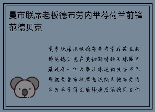 曼市联席老板德布劳内举荐荷兰前锋范德贝克